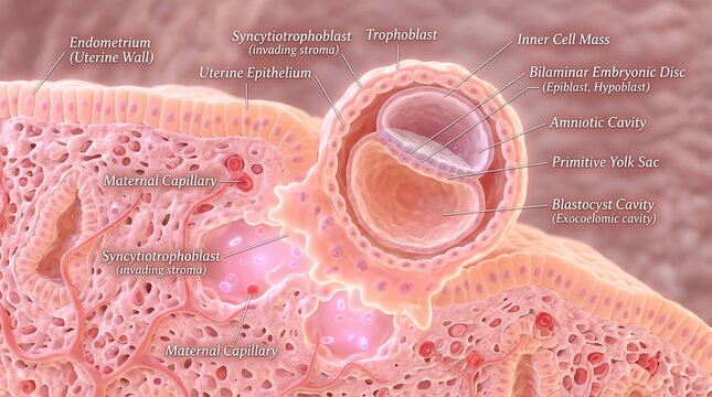 This detailed medical illustration shows a 1-2 week old embryo, known as a blastocyst, attaching to the uterine wall. It highlights key structures like the bilaminar embryonic disc and endometrium.