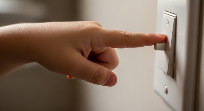 Child reaching for light switch with little hand attempting to turn it on. Light switch action by child depicts curiosity and engagement in the environment.