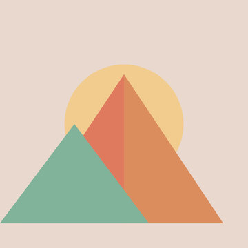 Minimalist boho geometric landscape with sun and mountains in earth tones for modern decor illustration