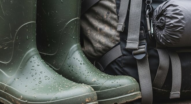 Kid wearing backpack and rain boots with green rubber design and water droplets on outdoor background. Backpack features durable material and straps, creating ideal outdoor setup for children.