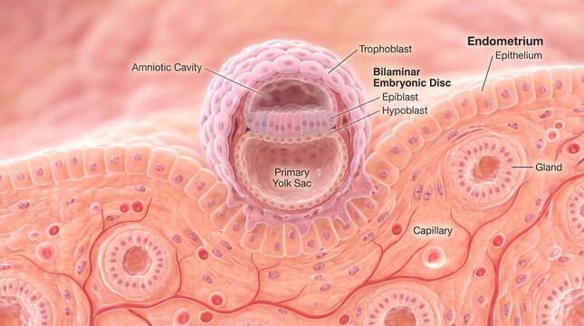 This detailed medical illustration shows a 1-2 week old embryo, known as a blastocyst, attaching to the uterine wall. It highlights key structures like the bilaminar embryonic disc and endometrium.