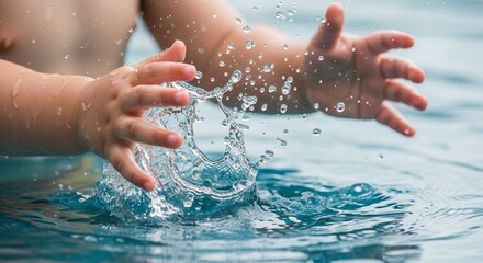 Fototapeta premium Toddler splashing water with both hands, creating dynamic ripples on clear blue pool surface. Playful child's hands disturb calm aquatic liquid, sending countless drops into air.