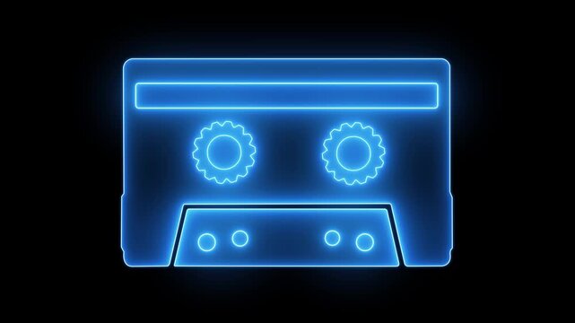 Neon cassette tape concept on the transparent background. Cassette tape recorder with speaker spinning cassettes from For music, pub, bar, dj, entertainment background. 4k motion video .