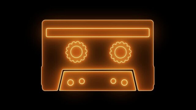 Neon cassette tape concept on the transparent background. Cassette tape recorder with speaker spinning cassettes from For music, pub, bar, dj, entertainment background. 4k video .