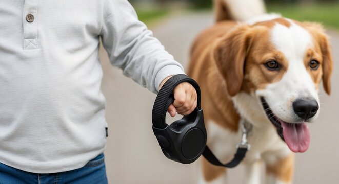 Toddler walking dog outdoors, holding a retractable leash on paved path. Young child walks happy domestic pet, showcasing responsibility for family.