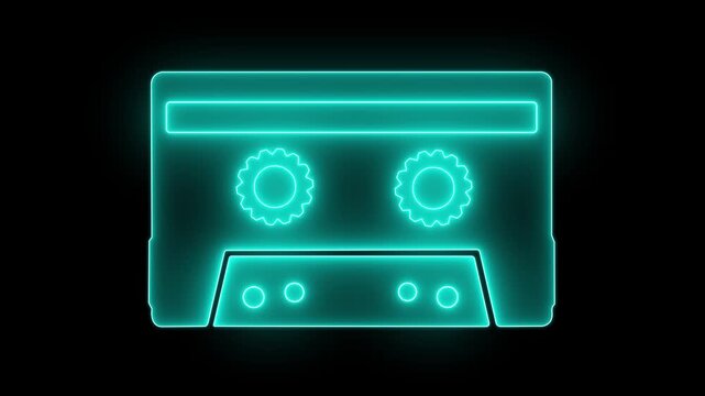 Neon cassette tape concept on the transparent background. Cassette tape recorder with speaker spinning cassettes from For music, pub, bar, dj, entertainment background. 4k video .