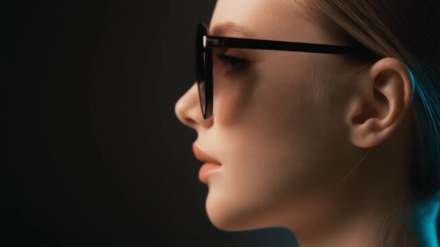 Profile Portrait of an Elegant Woman Wearing Stylish Black Sunglasses with Blue Light Background, Fashion and Beauty Concept Full HD