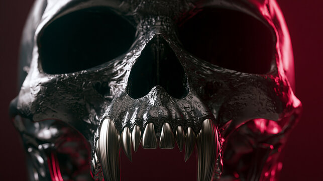 creepy vampire skull with sharp fangs in neon light and fog, dark halloween horror concept, spooky gothic music album cover