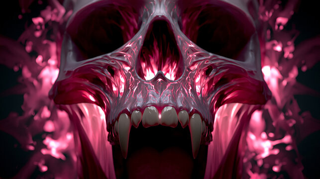 creepy vampire skull with sharp fangs in neon light and fog, dark halloween horror concept, spooky gothic music album cover
