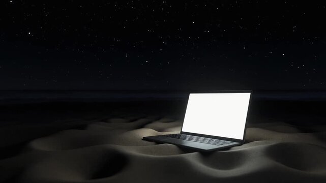 Laptop with Glowing Screen on Dark Sand Beach Under Starry Night Sky, Digital Nomad and Remote Work Concept