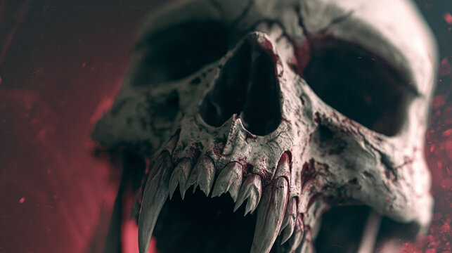 creepy vampire skull with sharp fangs in neon light and fog, dark halloween horror concept, spooky gothic music album cover