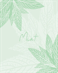 Botanical vertical poster template with mentha piperita leaf nature prints, peppermint ink stamp frame for herbal tea packaging and cosmetic label design, soft pastel sage and mint green color palette © MarhaRyta