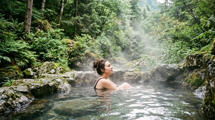 Fototapeta premium A woman relaxes in a steaming natural hot spring surrounded by lush forest and mossy rocks, ideal for wellness travel, spa retreats, and nature escape promotions.