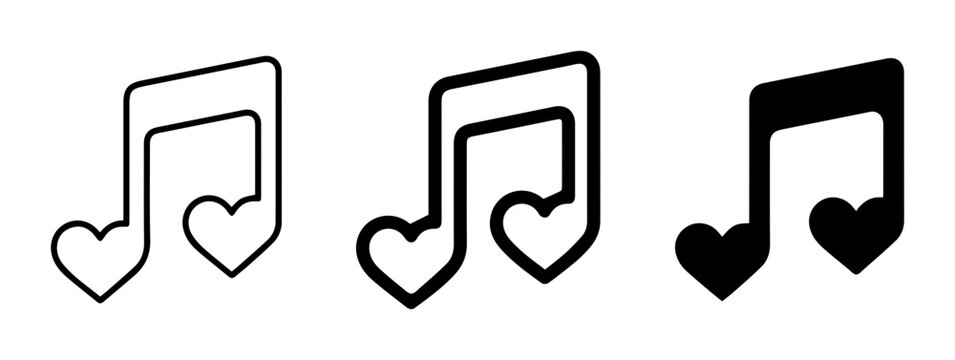 Heart Music Notes Icons, Love Song Symbols, Romantic Melody Graphics, Set of 3