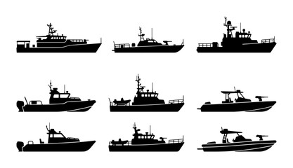 Naval Patrol Boats, Military Vessels, Speedboats, Set of 9 Vector Silhouettes © Anik