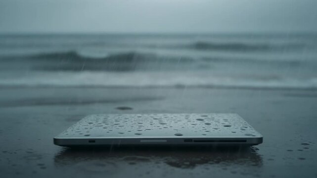Laptop Placed on Wet Sand Beach during Rain Shower with Ocean Waves, Full HD Nature and Technology Background