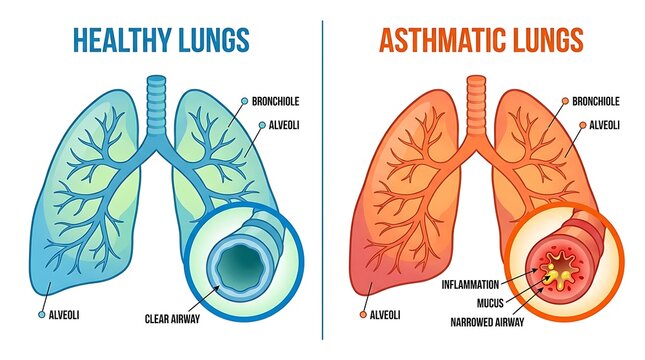 Healthy versus asthmatic human lung anatomy comparison illustration