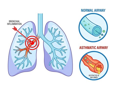 Asthmatic airway inflammation medical illustration of human lungs with bronchus