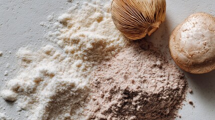 Fototapeta premium Mushroom Powder and Whole Mushrooms Natural Culinary Ingredient Background