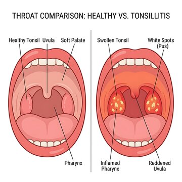 Medical comparison of healthy throat and tonsillitis with tonsillitis, clinical