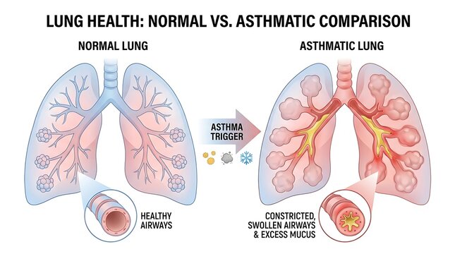 Comparison of normal and asthmatic human lungs illustration with respiratory