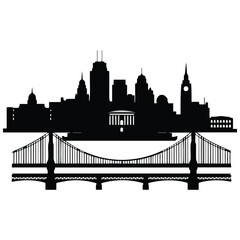 Fototapeta premium City skyline and bridge silhouette vector illustration. urban landscape line art.