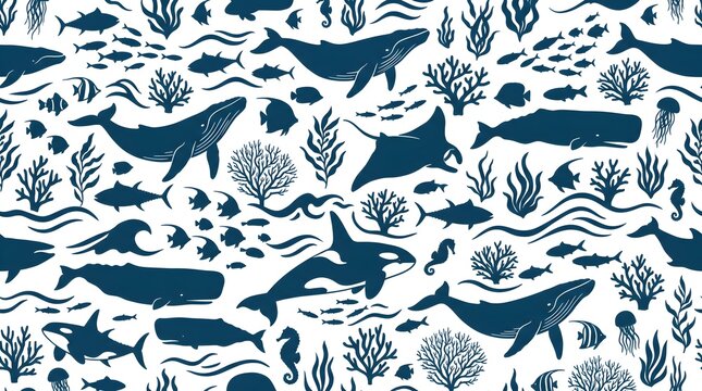 Seamless ocean life pattern with whales. Marine wildlife background with sea creatures.