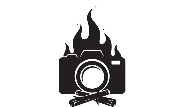 Black and White Vector Illustration of a Camera Icon with Flames and Binocular-Like Lens, Isolated Line Art Sketch Design
