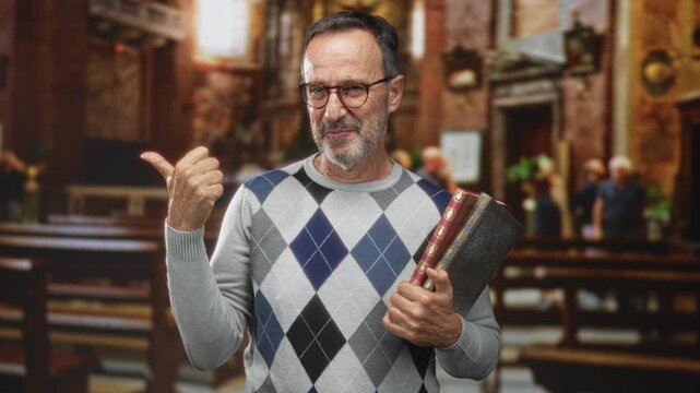 Man holding books and pointing thumb to side in ornate church building, smiling in argyle sweater; gentle contentment.