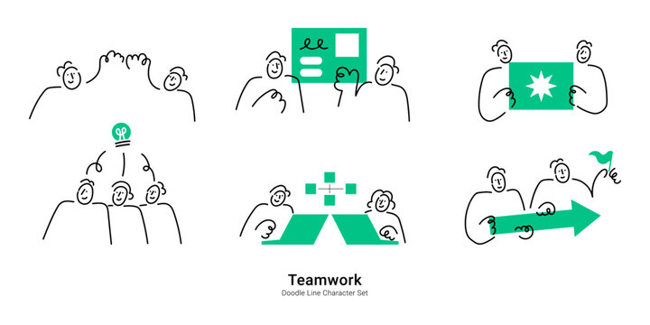 Teamwork. Doodle line character set featuring collaboration, brainstorming, business cooperation, idea sharing, problem solving, and team success.
