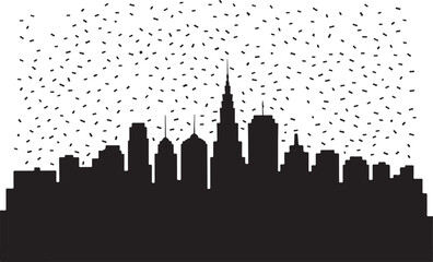 Obraz premium Black and white vector illustration of a city skyline silhouette with falling abstract confetti particles
