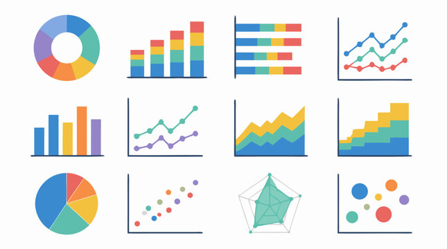 Colorful flat vector icon set of business data charts with donut, stacked bars, line graphs, area charts, pie, scatter, radar and bubble visuals for analytics dashboards and report templates