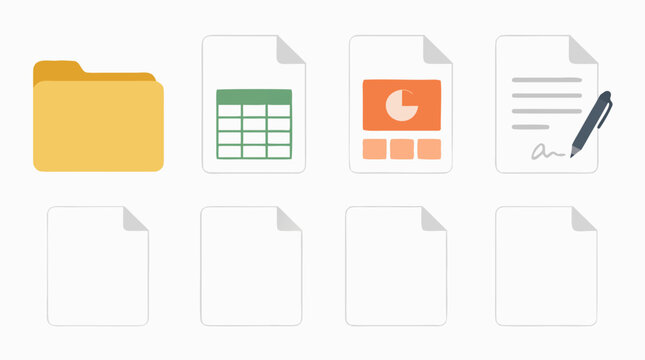 Minimal flat vector icon set of digital documents featuring folder, spreadsheet grid, presentation report, signature page with pen and blank colored files for office productivity systems