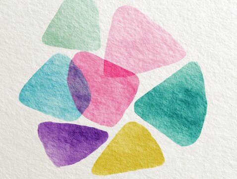 Abstract watercolor geometric shapes in vibrant pastel colors on textured paper background