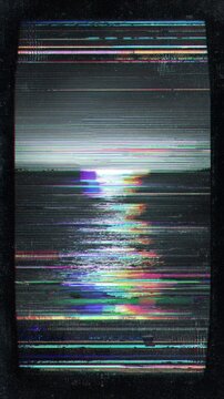 VHS style screen corruption displaying colorful seascape through electronic signal distortion artwork