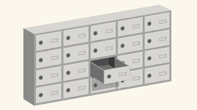 Isometric bank safe deposit box wall with one open drawer, secure metal locker grid for valuables, finance storage, privacy protection and modern banking security, flat scalable vector illustration