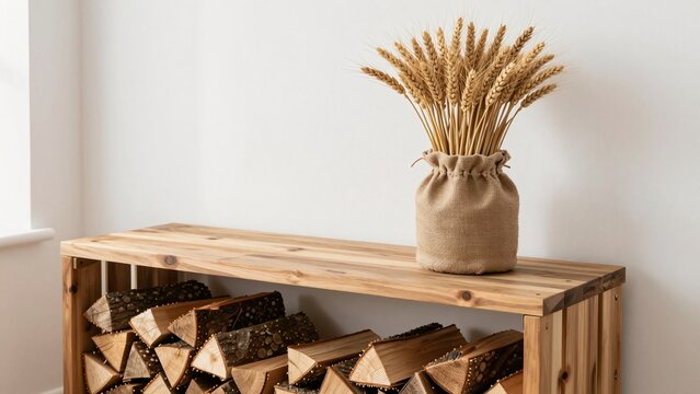 Rustic Autumn Entryway Console Table with Dried Wheat Stalks and Firewood, Cozy Fall Home Decor Concept