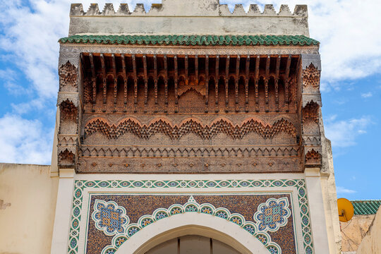 Ornate Arch Above the Entrance with Zellige at the Mosque Al Andalous, Fes, Morocco