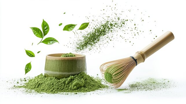 Matcha powder air isolated on white background,bamboo whisk,superfood powder,diet and healthy life,green tea powder,Japanese tea leaves,popular menu trendy, wellness concept.