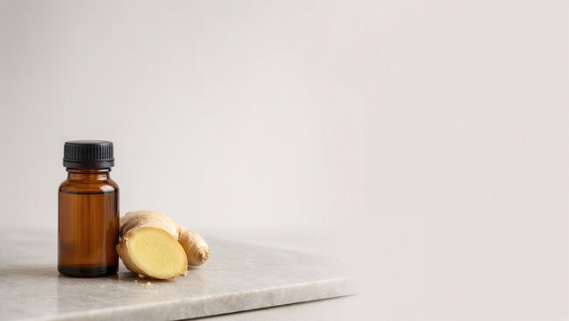 Amber Dropper Bottle and Fresh Ginger Root on Marble, Natural Wellness and Holistic Health Concept