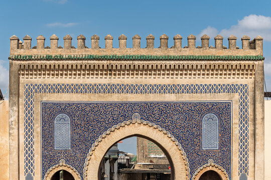 Close Frontal View of the Blue Gate's Zellige Facade at Bab Boujloud, Fes, Morocco