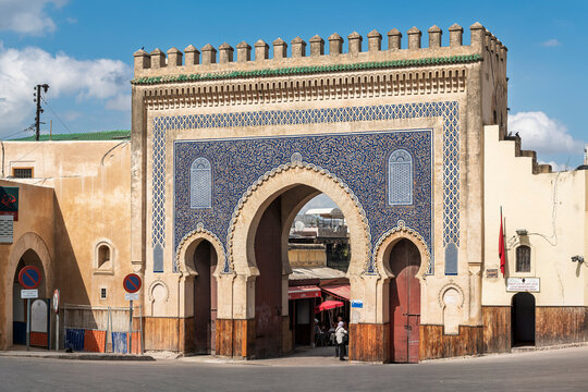 Wide Frontal View of the Blue Gate at Bab Boujloud, Fes, Morocco