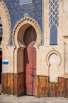 Inner Side Arch Detail with a Wooden Door at Bab Boujloud, Fes, Morocco