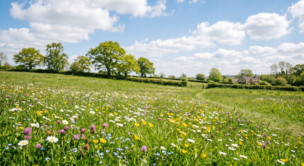 Obraz premium Pure Spring Meadow with White Clouds and Blooming Flowers, Serene Countryside Nature Scene, Fresh Bright Seasonal Background