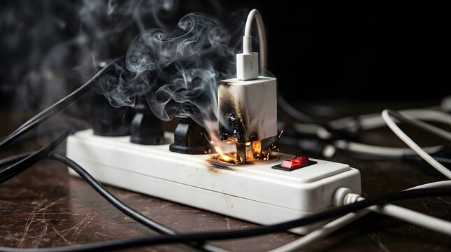Burning power strip with smoldering electric plug and smoke emitting from overloaded power socket