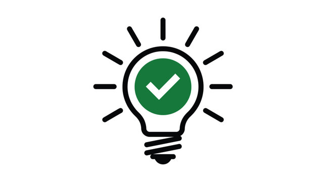 Minimalist vector illustration of a shining bright light bulb containing a green check mark symbol representing a creative idea that has been successfully approved today