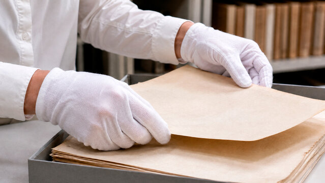 Close up of archivist hands in white cotton gloves handling old blank paper documents. Historical preservation and conservation concept in a library archive. Copy space for text