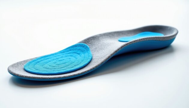 Modern shoe insole with blue cushioning, grey fabric surface. Ergonomic medical accessory for sneakers provides arch support plus comfort. Flexible orthotic product helps foot alignment during sports