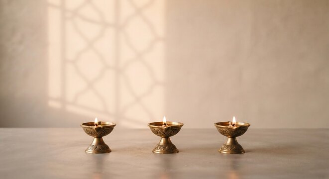 Three Lit Brass Diyas on Minimalist Surface, Diwali Festival Background for Greeting Cards and Social Media