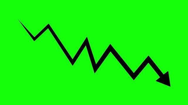 Animated black zigzag arrow pointing downwards on a bright green background symbolizing a decline or loss in value